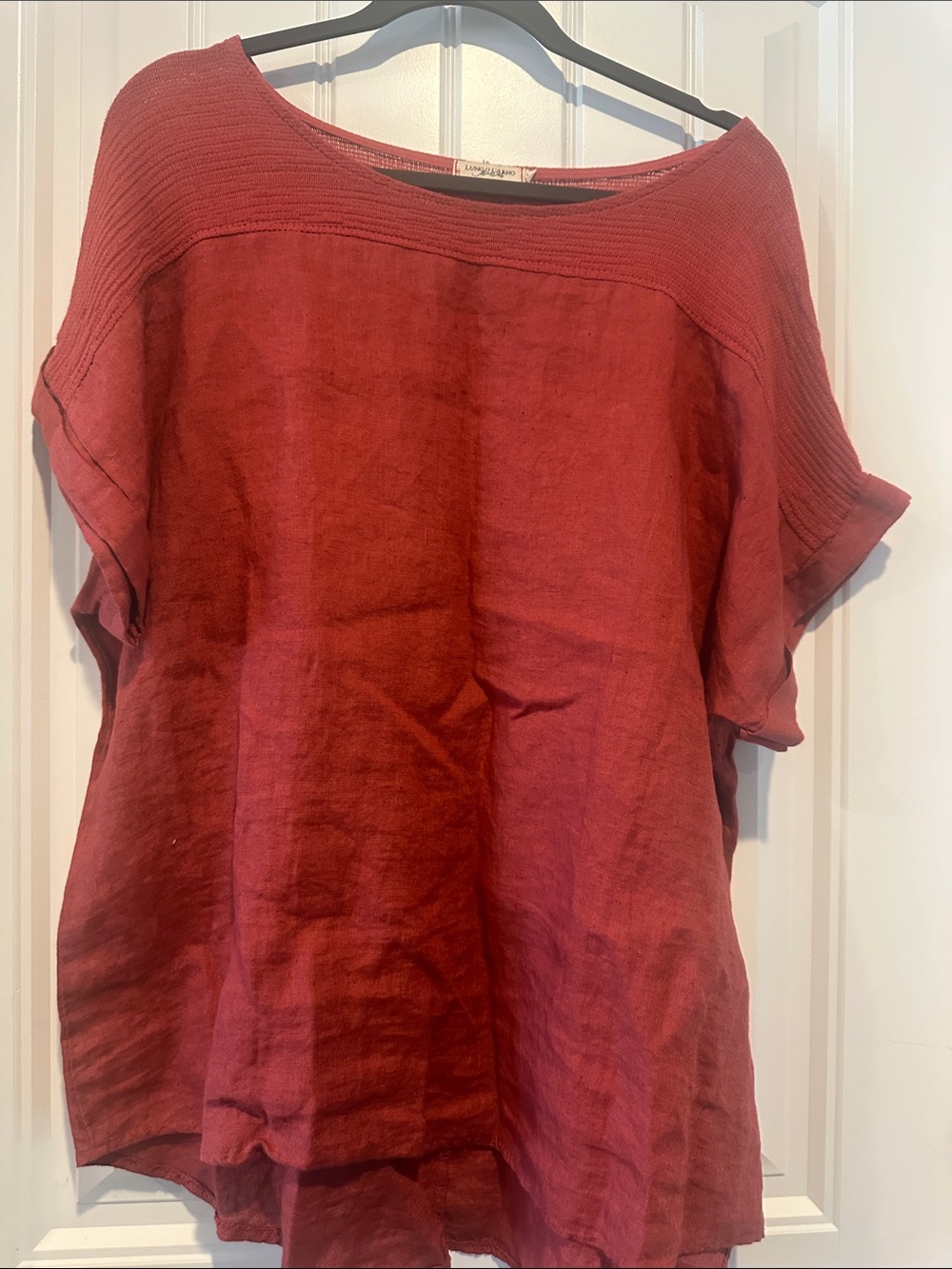 Relaxed Red Linen Tunic with Ribbed Yoke